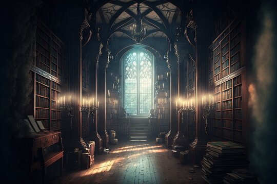 fantasy library in cozy cathedral environment. Generative AI