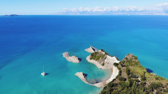 Cape Drastis, beautiful sunny landscape of Akra Drastic, Peroulades village, Corfu island, Greece, with turqoise water and sea beach, Kerkyra, Ionian islands, summer day