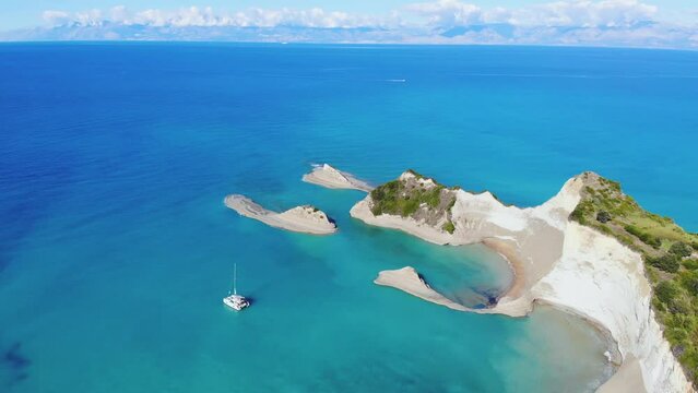 Cape Drastis, beautiful sunny landscape of Akra Drastic, Peroulades village, Corfu island, Greece, with turqoise water and sea beach, Kerkyra, Ionian islands, summer day