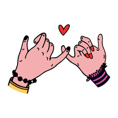 Crossed pinky vector icon. Two female hands are held by little fingers. Symbol of promise, swear, support. Romantic relationship gesture. Colored doodle isolated on white. Flat cartoon clipart