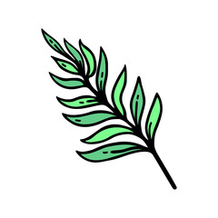 Green fern branch vector icon. Simple doodle of a summer twig with leaves. Hand drawn illustration isolated on white. A wild forest plant, medicinal herb. Flat cartoon clipart for cards, posters, web