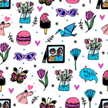 Friendship seamless vector pattern. Best friends, team, family. Good relationship symbols - photos of girlfriends, sweets, flowers, likes. Bright cartoon doodles. Background for cards, posters