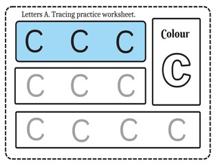 Alphabet letters tracing worksheet with alphabet letter C. Basic writing practice for kindergarten kids worksheet ready to print vector illustration