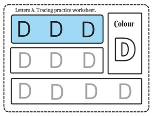 Alphabet letters tracing worksheet with alphabet letter D. Basic writing practice for kindergarten kids worksheet ready to print vector illustration