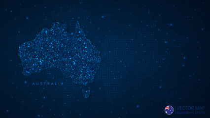 Fototapeta na wymiar Map of Australia modern design with polygonal shapes on dark blue background. Business wireframe mesh spheres from flying debris. Blue structure style vector illustration concept