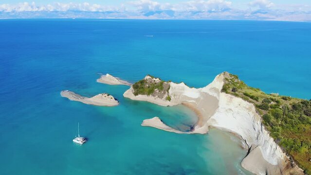 Cape Drastis, beautiful sunny landscape of Akra Drastic, Peroulades village, Corfu island, Greece, with turqoise water and sea beach, Kerkyra, Ionian islands, summer day