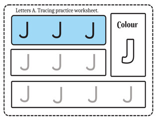 Alphabet letters tracing worksheet with alphabet letter J. Basic writing practice for kindergarten kids worksheet ready to print vector illustration