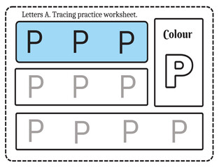 Alphabet letters tracing worksheet with alphabet letter P. Basic writing practice for kindergarten kids worksheet ready to print vector illustration