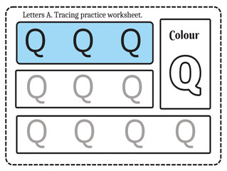 Alphabet letters tracing worksheet with alphabet letter Q. Basic writing practice for kindergarten kids worksheet ready to print vector illustration