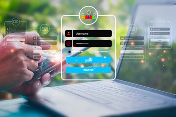 User typing login and password.Hand man use mobile phone for  log in to enter login and password.sign in page,User profile,Information privacy,Internet.photo Cyber protection and technology concept.