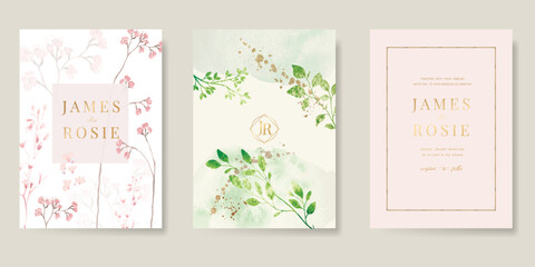 Summer Flower Wedding Invitation set, floral invite thank you, rsvp modern card Design in pink leaf greenery  branches with blue background decorative Vector elegant rustic template
