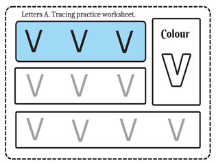 Alphabet letters tracing worksheet with alphabet letter V. Basic writing practice for kindergarten kids worksheet ready to print vector illustration