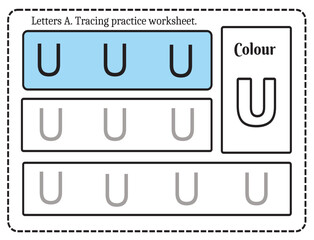 Alphabet letters tracing worksheet with alphabet letter U. Basic writing practice for kindergarten kids worksheet ready to print vector illustration