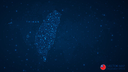 Fototapeta na wymiar Map of Taiwan modern design with polygonal shapes on dark blue background. Business wireframe mesh spheres from flying debris. Blue structure style vector illustration concept