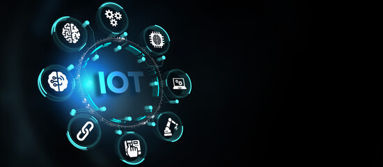 Internet of things - IOT concept. Businessman offer IOT products and solutions. The future of technology. Virtual screen of the future with the inscription: IOT.  3d illustration