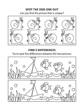 Activity sheet for kids with two visual puzzles, also can be used as coloring page, printable, fit Letter or A4 paper.
