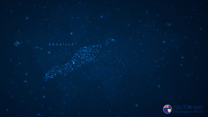 Map of Anguilla modern design with polygonal shapes on dark blue background. Business wireframe mesh spheres from flying debris. Blue structure style vector illustration concept