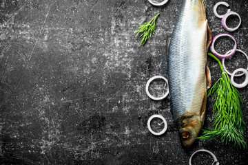 Salted herring with onion rings and dill.
