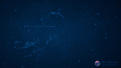 Fototapeta na wymiar Map of British Virgin Islands modern design with polygonal shapes on dark blue background. Business wireframe mesh spheres from flying debris. Blue structure style vector illustration concept