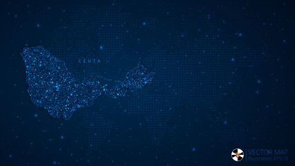 Fototapeta na wymiar Map of Ceuta modern design with polygonal shapes on dark blue background. Business wireframe mesh spheres from flying debris. Blue structure style vector illustration concept