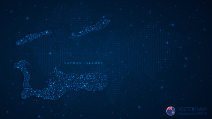 Fototapeta na wymiar Map of Cayman Islands modern design with polygonal shapes on dark blue background. Business wireframe mesh spheres from flying debris. Blue structure style vector illustration concept
