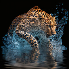 Fototapeta na wymiar The leopard galloping in the water