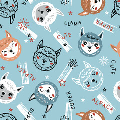 Cute Llama Face Seamless Pattern. Funny Alpaca Head. Vector Cartoon Little Baby Animal. Vector Childish Background for Kids Fashion Design