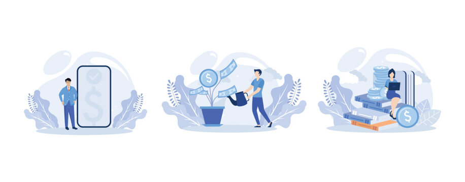 Investment illustration. People characters investing money in self development, knowledge and education. Personal finance management and financial literacy concept.  flat vector modern illustration 