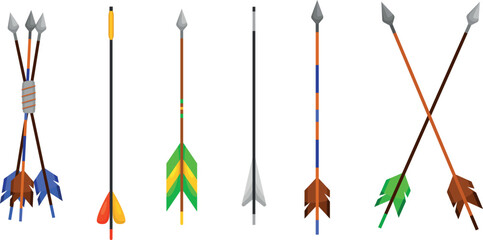 Tribal arrows for bow crossed heap colored feathers native archery hunting set vector flat