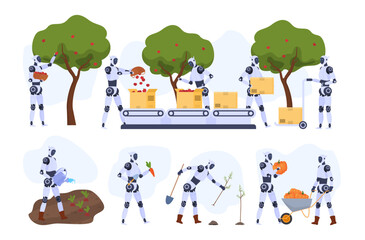Robot agronomist picking harvest conveyor planting trees watering garden bed set isometric vector