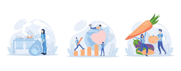 Sustainable lifestyle. People collecting plastic trash into recycling garbage bin, trying to save planet earth and following vegan diet. Flat vector modern illustration 
