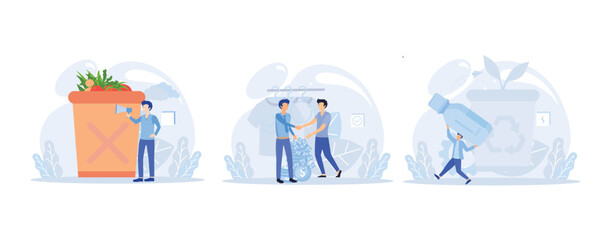 Sustainability illustration. Characters reducing food waste, buying reused clothes, recycling plastic bottles. Reduce, reuse, recycle and zero waste concept. Flat vector illustration 