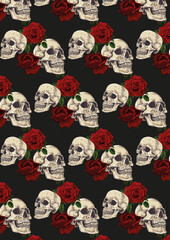 seamless pattern with skulls and roses