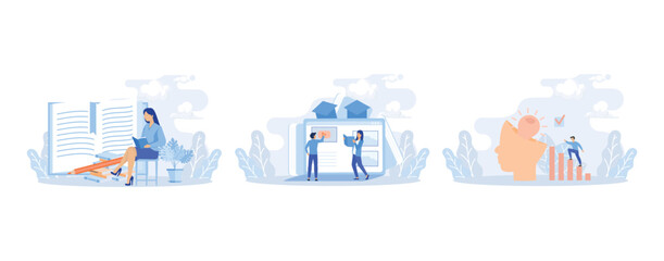 Self development and management illustration. Characters self-learning with books, online courses or internet tutorials. Education and personal growth concept. Flat vector modern illustration 