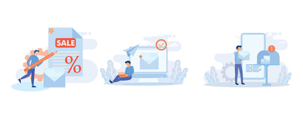 E-mail marketing and promotion scenes. Characters sending advertising mails and promotional offers with sales and discounts. Ecommerce business concept. Flat vector modern illustration 