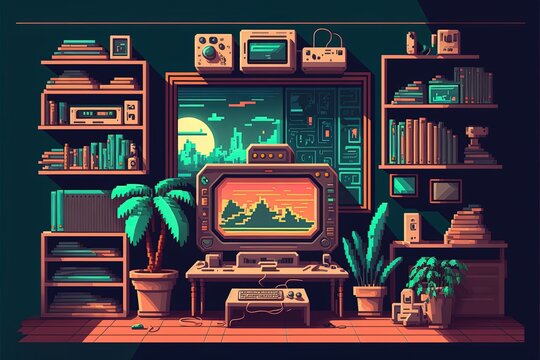 Illustrazione Stock Game room with console, 80's style, pixel art. Generative  AI