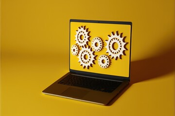Laptop with gears on screen, yellow background. Generative AI