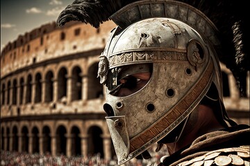 Gladiator with scary helmet, coliseum in background. Generative AI - obrazy, fototapety, plakaty
