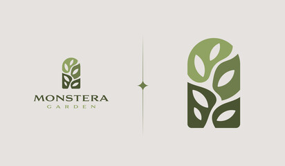 Monstera Garden Logo Template. Universal creative premium symbol. Vector illustration. Creative Minimal design template. Symbol for Corporate Business Identity