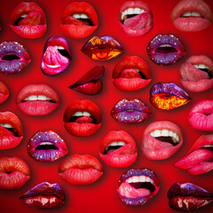 Backgroun of female lips. Collection of female mouth with red lip. Texture pattern with mouth on red backdrop.