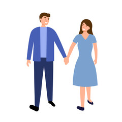 Obraz premium Happy loving couple holding hands walking together in flat design on white background.