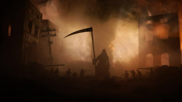 Concept of death soldiers during the war. Grim reaper (Skeleton) holding schyte with military fighting silhouettes in destroyed city. Selective focus