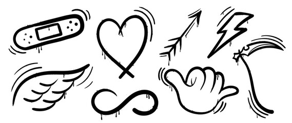 Set of graffiti spray paint vector. Collection black spray texture of heart, wing, arrow, lightning bolt, symbol, plaster, sign. Design illustration for decoration, card, sticker. banner, street art.
