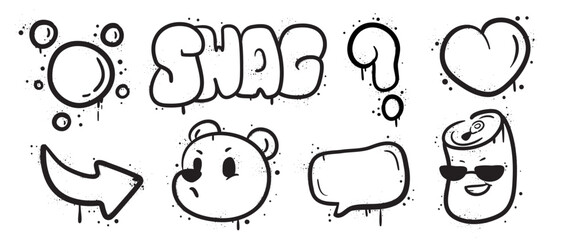 Set of graffiti spray paint vector. Collection black spray texture of bubble, swag, arrow, heart, moody bear, question mark. Design illustration for decoration, card, sticker. banner, street art.