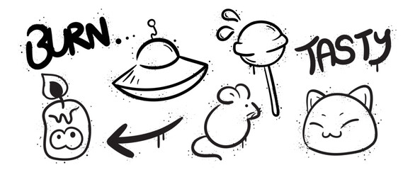 Set of graffiti spray paint vector. Collection black spray texture of candle light, ufo spaceship, lollipop, rat, cat, arrow. Design illustration for decoration, card, sticker. banner, street art.