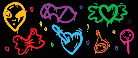 Set of graffiti spray paint vector. Collection colorful spray texture of alien, heart, knife, wing, poison, lollipop, candy. Design illustration for decoration, card, sticker. banner, street art.