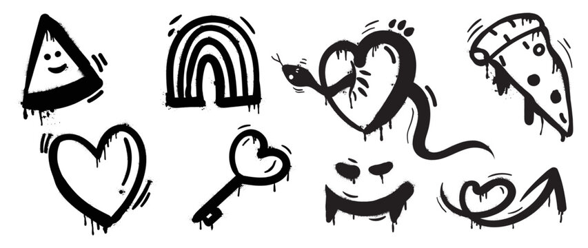 Set of graffiti spray paint vector. Collection black spray texture of triangle face, heart, snake, key, monster, pizza, arrow. Design illustration for decoration, card, sticker. banner, street art.
