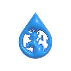 Blue water drop icon with earth inside, Washing hand for covid pandemic. World water day and Save water 3D render illustration
