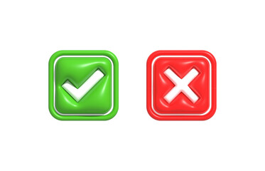 Realistic right and wrong, yes or no, approved or declined 3D Button. Acceptance, Rejection and Attention symbols 3D render illustration