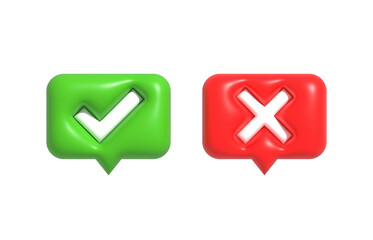 Realistic right and wrong, yes or no, approved or declined 3D Button. Acceptance, Rejection and Attention symbols 3D render illustration